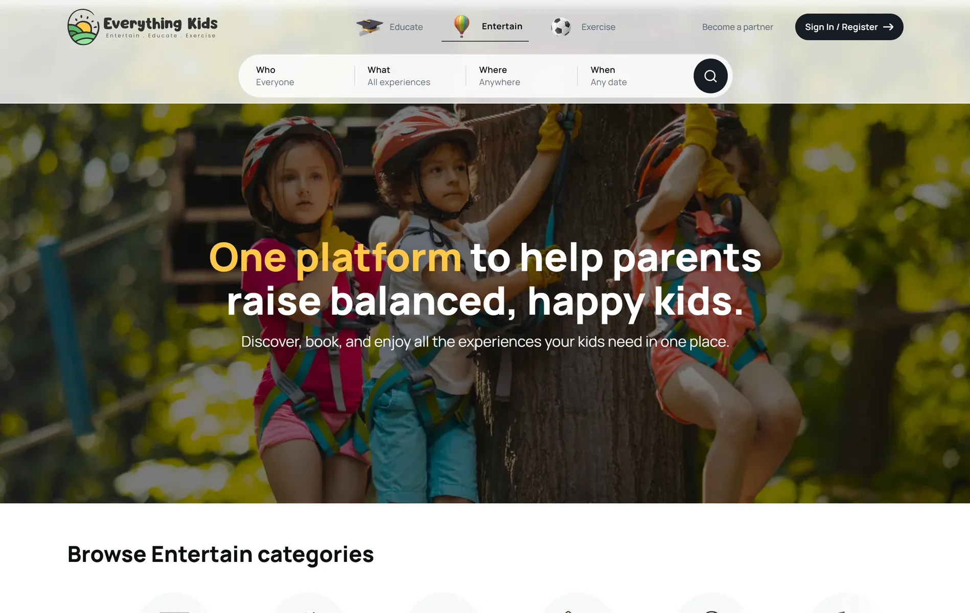 Everything Kids homepage with the who, what, where and when activity search