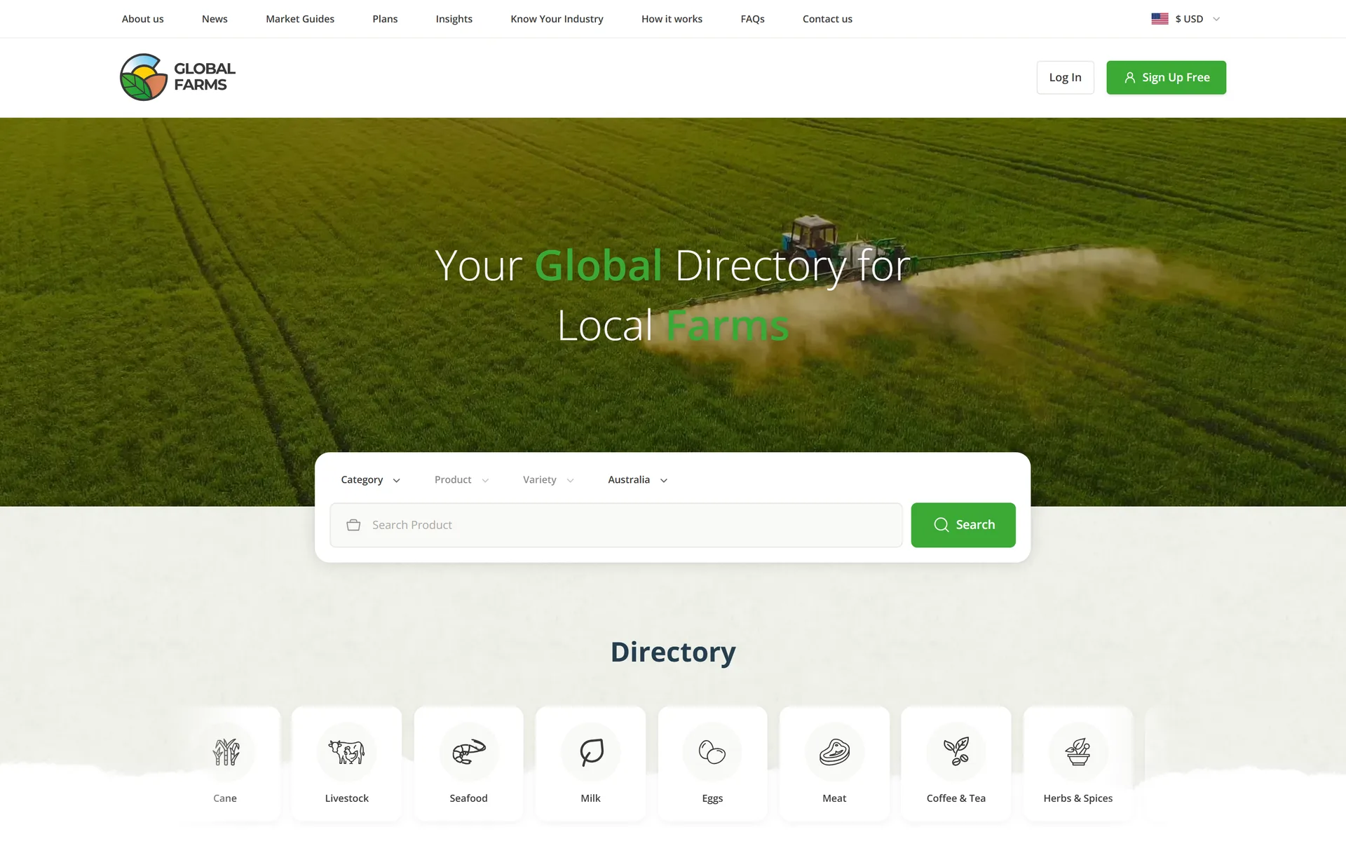 GlobalFarms homepage: your global directory for local farms