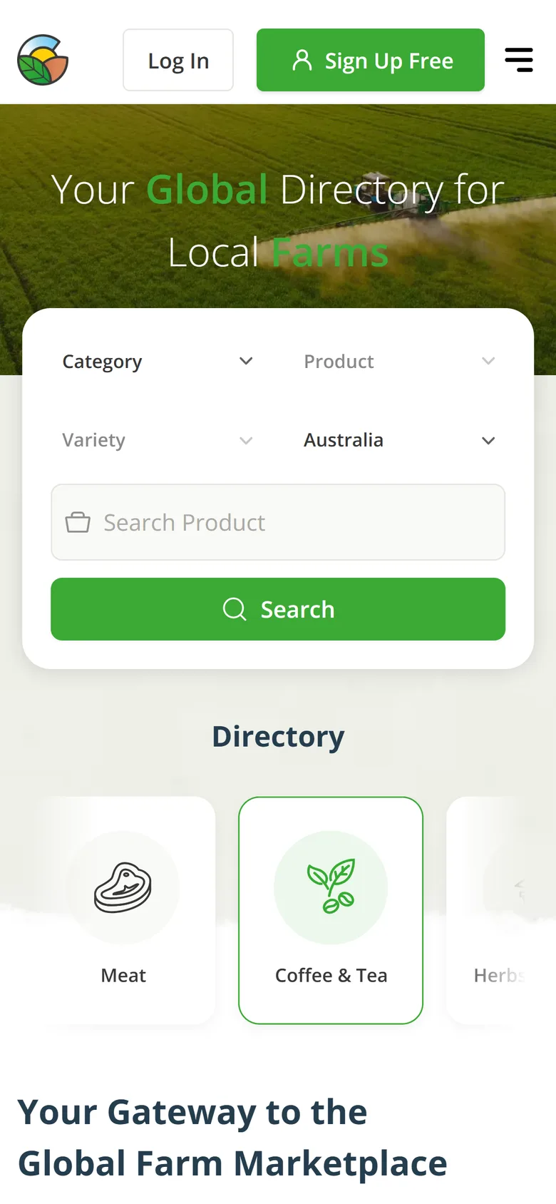 GlobalFarms on a phone: the homepage search