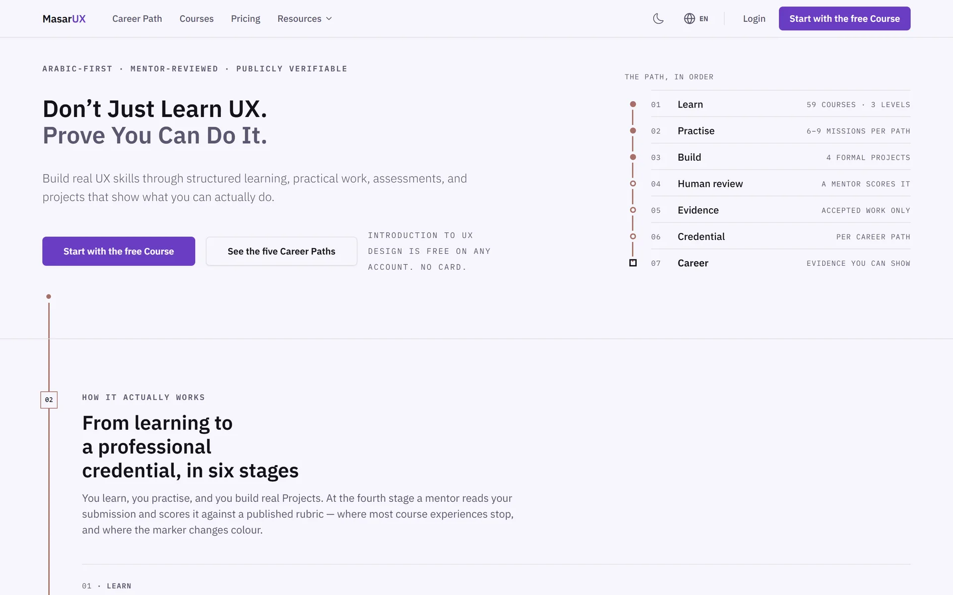 MasarUX homepage: Don’t just learn UX, prove you can do it